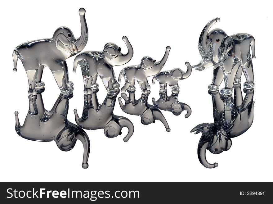 Elephant statues on white with reflection