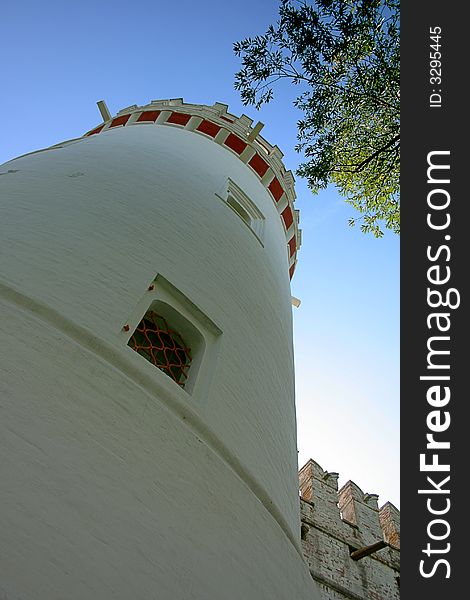 White tower and green branch on a background of the sky. White tower and green branch on a background of the sky