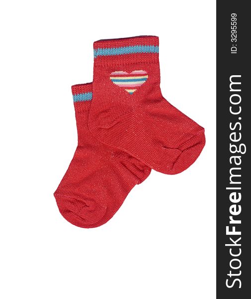 Pair of red toddlers socks isolated over white