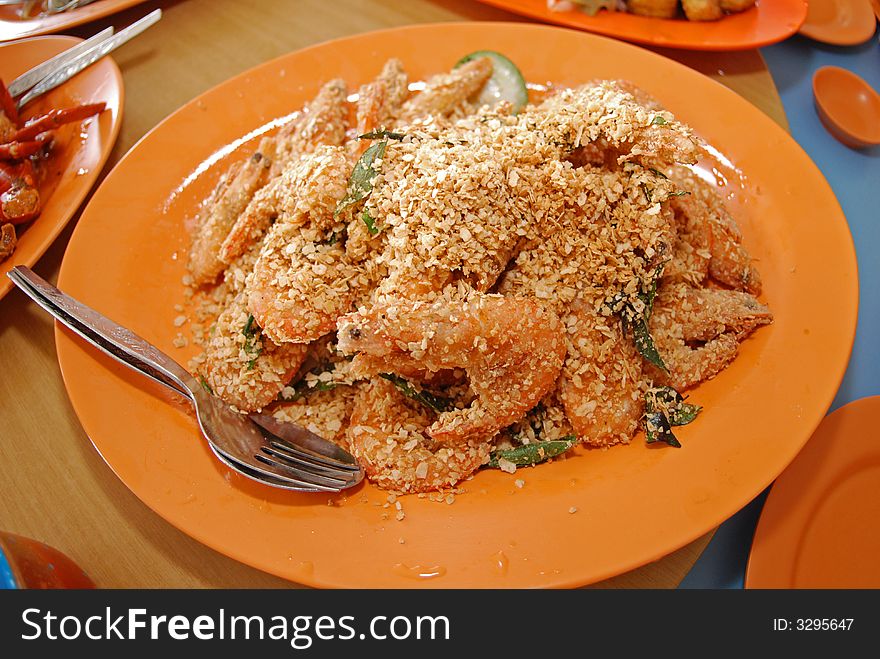 Fried prawn on the plates