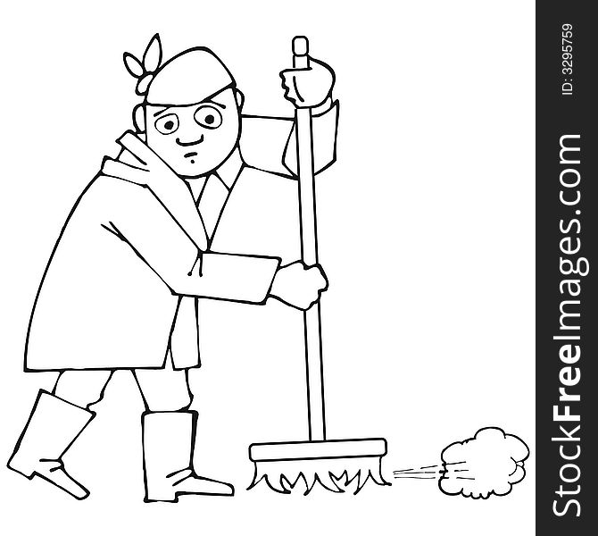 Line art illustration: a man with a broom. Line art illustration: a man with a broom
