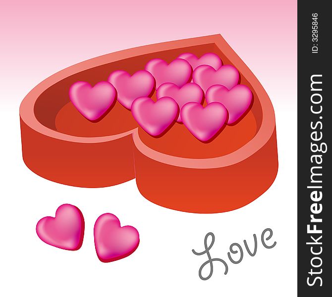 a box of Love shape chocolate in pink color, illustration