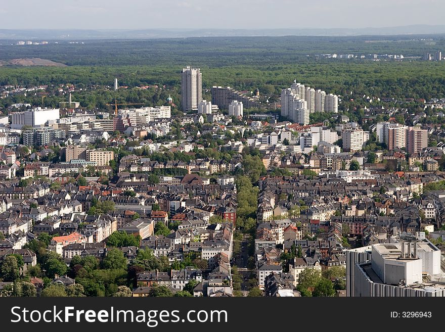 The Frankfurt southern suburb of Sachsenhausen from above. Germany.