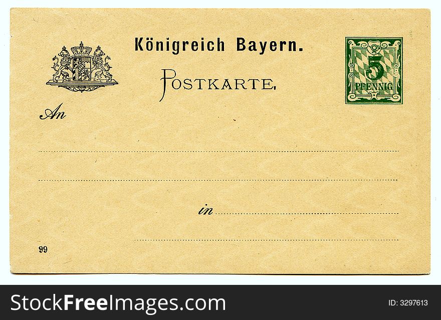 Old grunge, stained, yellowed, ancient letter from German postcard Bavarian Kingdom. Old grunge, stained, yellowed, ancient letter from German postcard Bavarian Kingdom