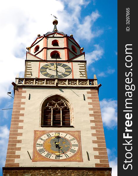 View of Merano cathedral bell tower, Sud Tirol, Trentino Alto Adige, Italy. View of Merano cathedral bell tower, Sud Tirol, Trentino Alto Adige, Italy