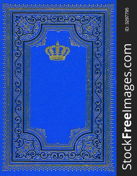 Old ancient deep blue book page with ornaments from 1897 with golden crown