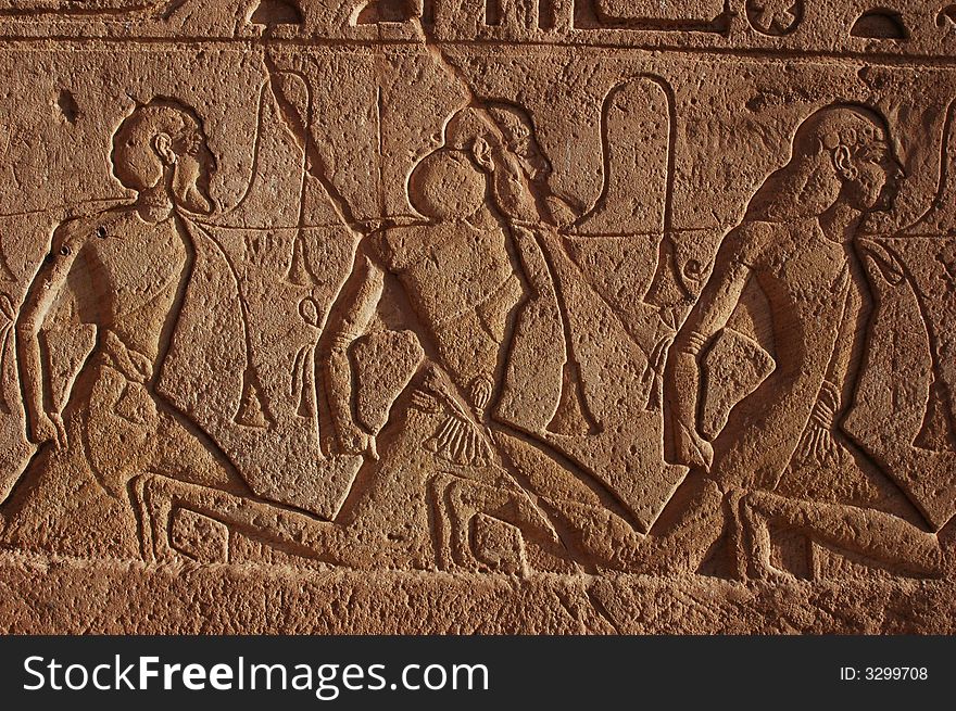 Prisoners of Pharaon Ramses engraved in the Big Temple of Abu Simbel, Egypt.