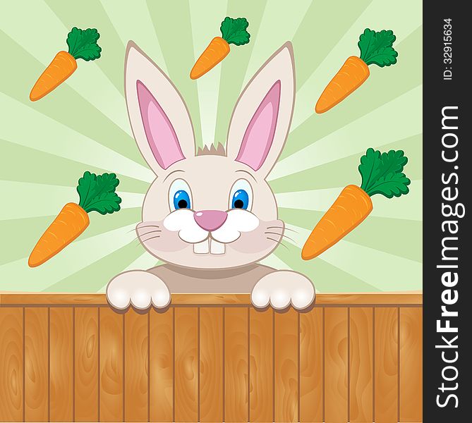 Cute baby rabbit behind wooden fence surrounded with healthy tasty carrots. Cute baby rabbit behind wooden fence surrounded with healthy tasty carrots