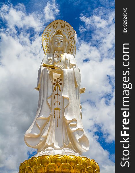 Guan Yin statue in Thai temple, Sam Roi Yod province , Thailand. , All the decorative arts in religion, church, temple hall, statues, paintings, murals, no restrictions in copy or use.