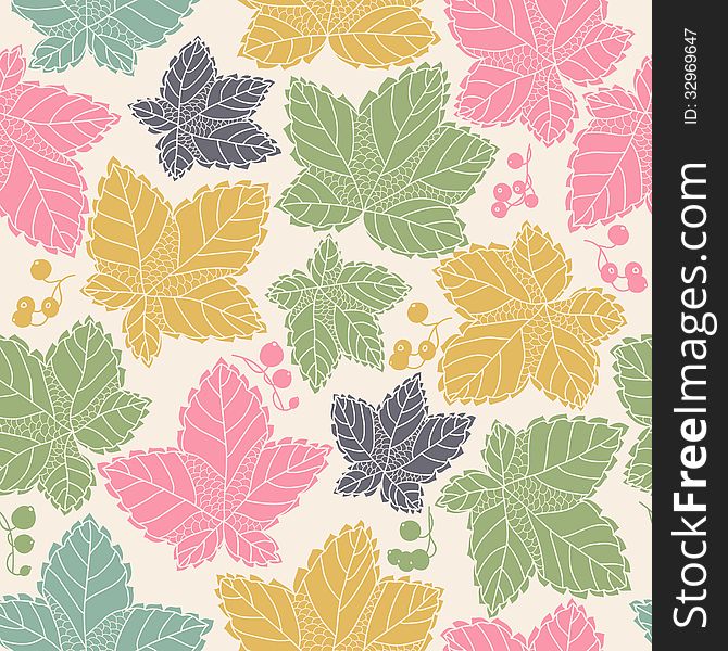 Seamless pattern with leaves and berries. Background in autumn colors.Seamless pattern can be used for wallpaper, pattern fills, web page background,surface textures.