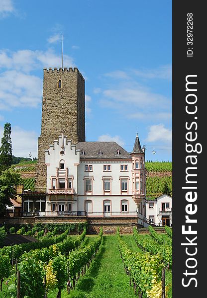 Wine chateau and tower Rudesheim Rhein Germany. Wine chateau and tower Rudesheim Rhein Germany