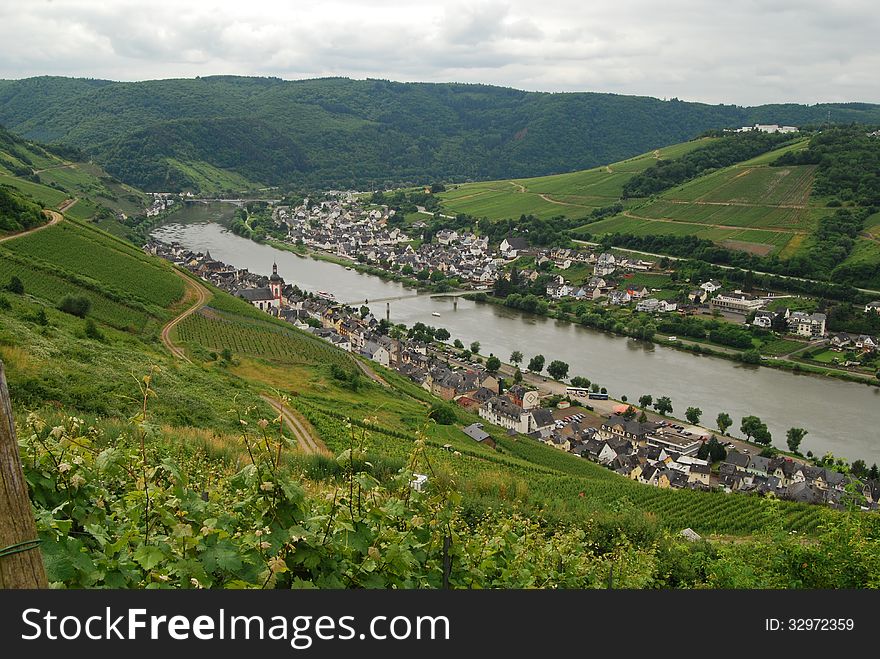 Zell on Mosel river from vineyards. Zell on Mosel river from vineyards