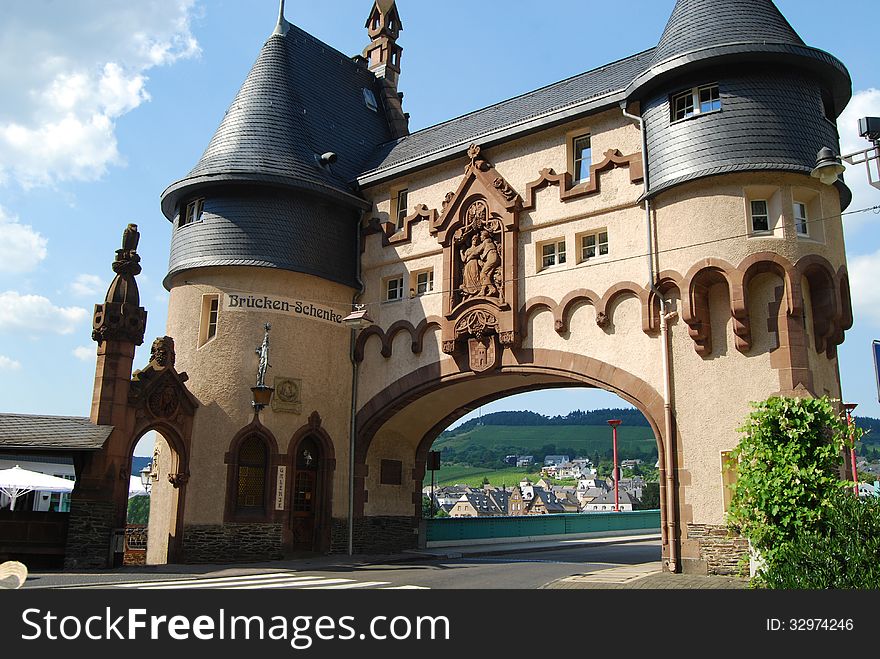 Tower onto bridge at Traben-Trarbach on Mosel river, Germany. Tower onto bridge at Traben-Trarbach on Mosel river, Germany