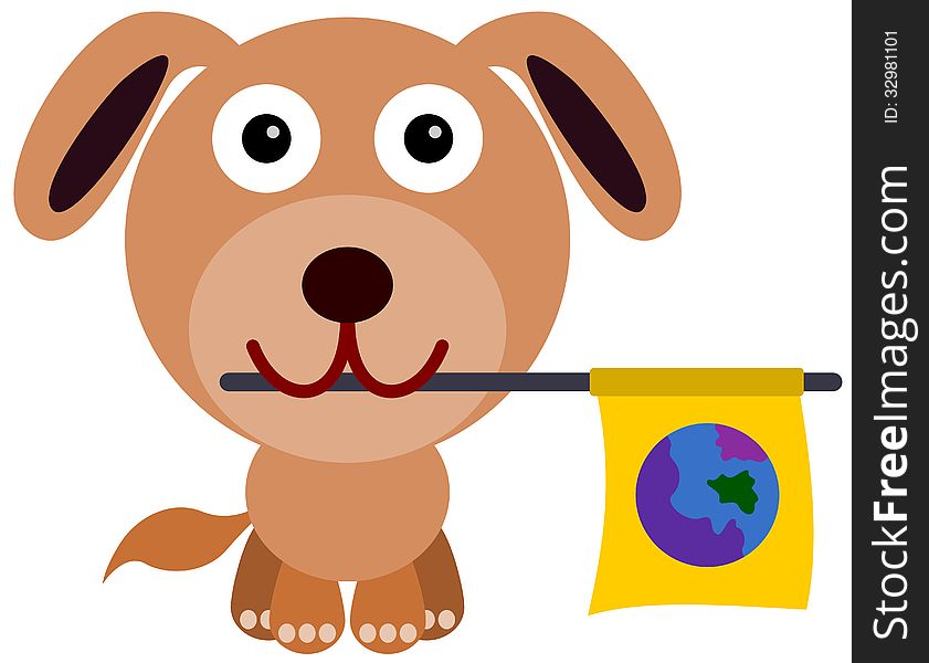 Illustration of a dog carrying a flag with the world on its mouth. Illustration of a dog carrying a flag with the world on its mouth