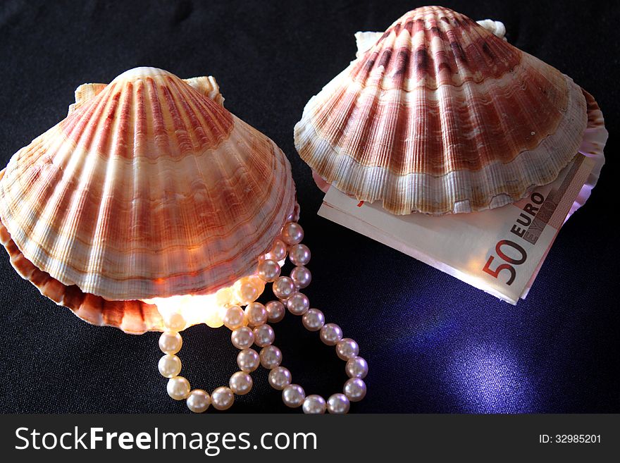 Two seashells with pearls and money on black background and spot light.