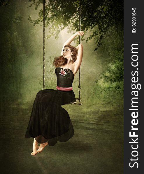 The young girl on the swings over the water in the forest. The young girl on the swings over the water in the forest