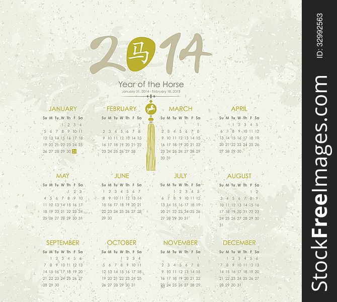 Calendar for 2014, Year of the Horse. Week starts on Sunday. Calendar for 2014, Year of the Horse. Week starts on Sunday