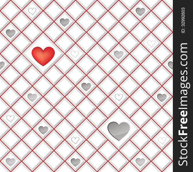 White tiles texture with  hearts, seamless square background