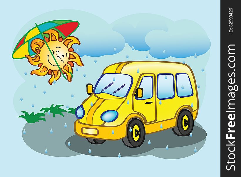 Fun yellow minibus and the sun with umbrella