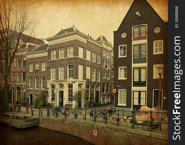 Amsterdam canals, Photo in retro style. Paper texture.