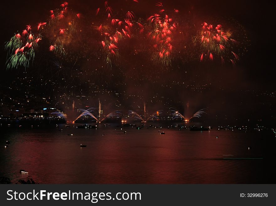 Fireworks show on the shore of the Lake of Lugano (Italian Switzerland)