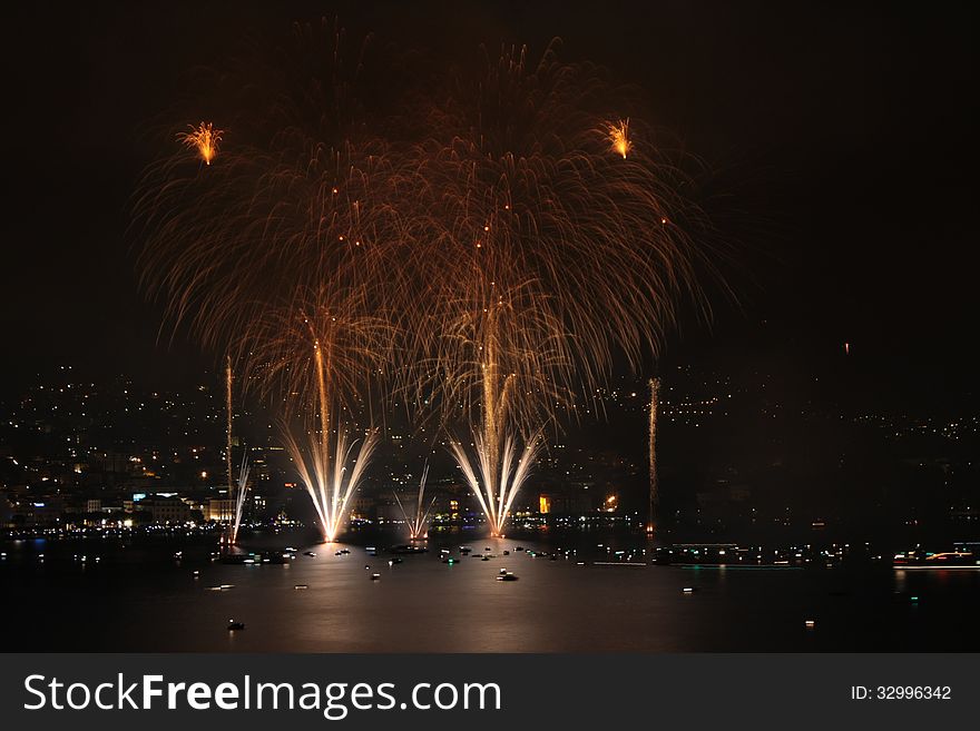 Fireworks show on the shore of the Lake of Lugano (Italian Switzerland)