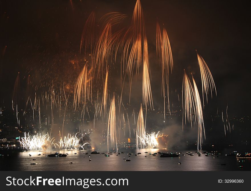 Fireworks show on the shore of the Lake of Lugano (Italian Switzerland)