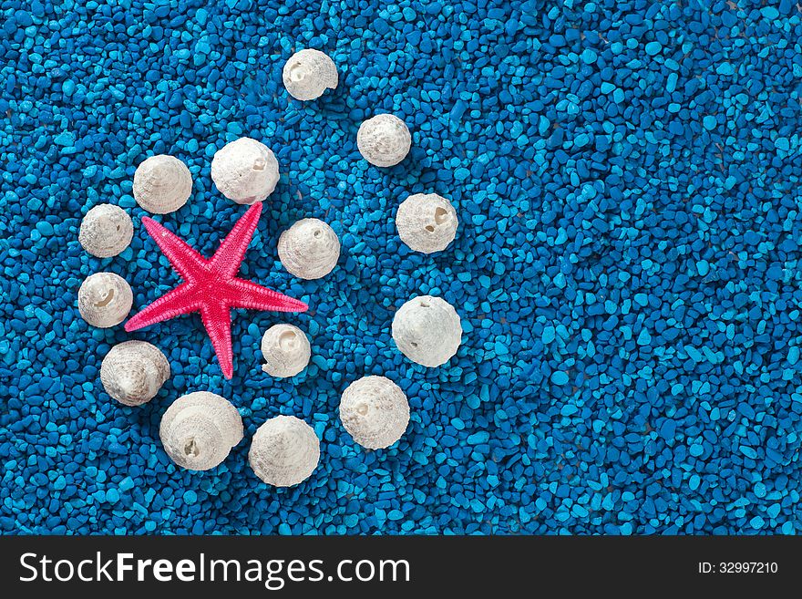 Starfish And Seashells On Blue Background