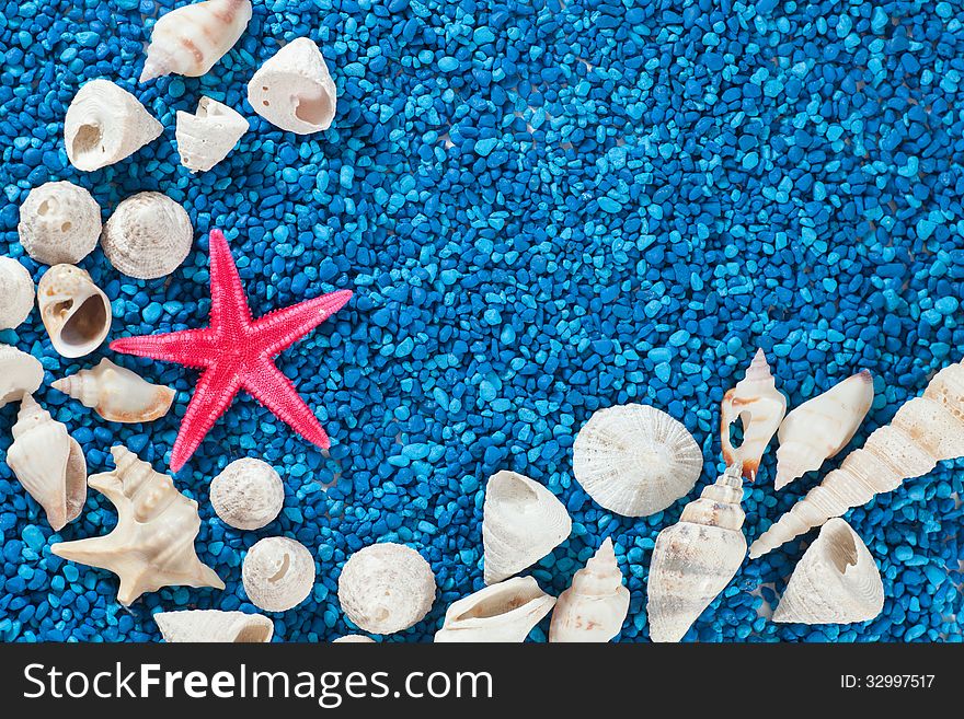 Star-fish and seashells on sand, seashells on blue sand, centered, symmetric