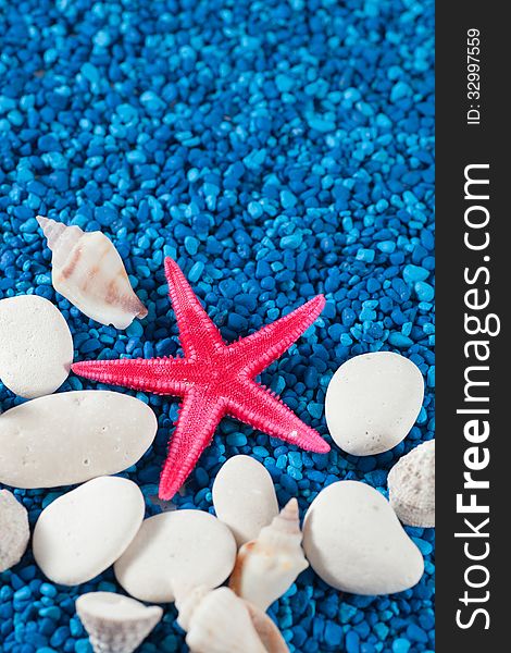 Starfish and seashell on blue sand like water, portrait vertical banner