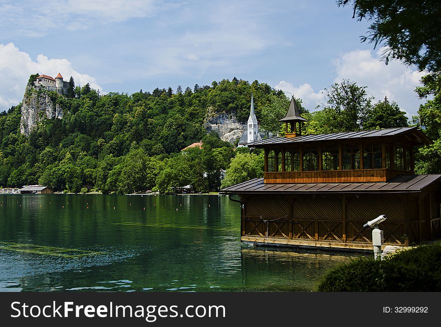 Very Beautiful Boathouse on bled lake with Bled Castle in the background