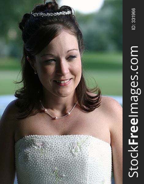 Brunette bride with beautiful blue eyes looks on. Brunette bride with beautiful blue eyes looks on.