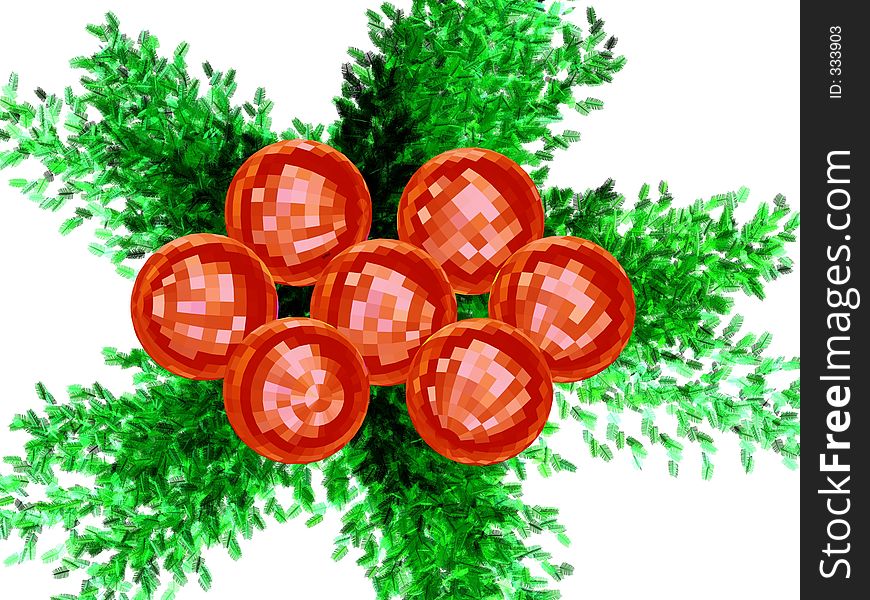 3D - Christmas decoration with faceted chrome red balls on the white background