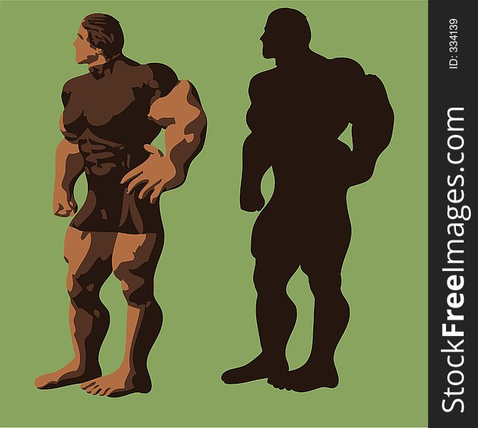 Illustration of a muscular man and his silhouette. Illustration of a muscular man and his silhouette