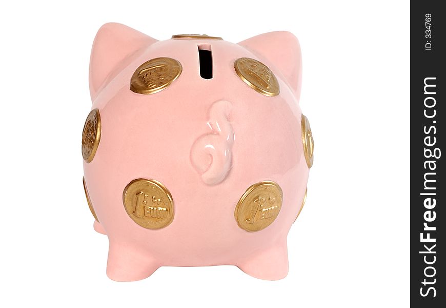 Pink ceramic piggy bank with Euro symbols (isolated on white), backside