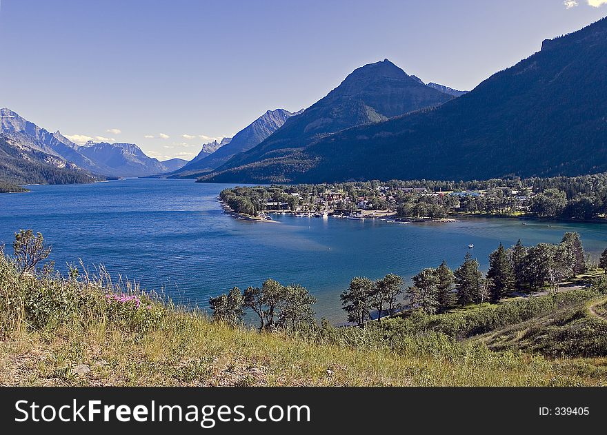 A lakeside town from the top of a hill