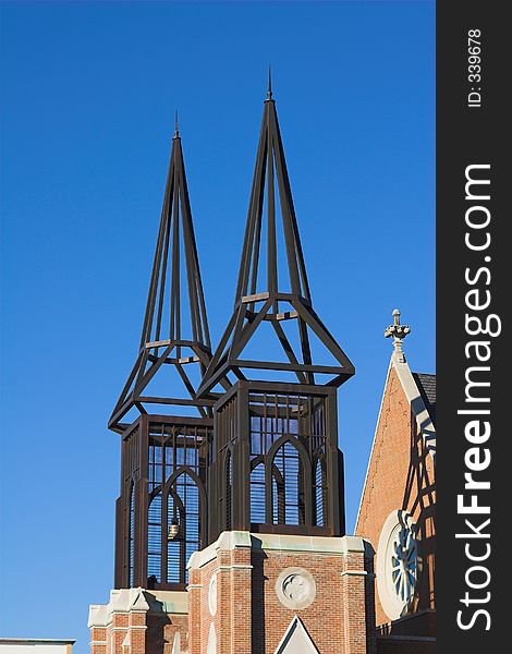 Twin steeples on local church in city