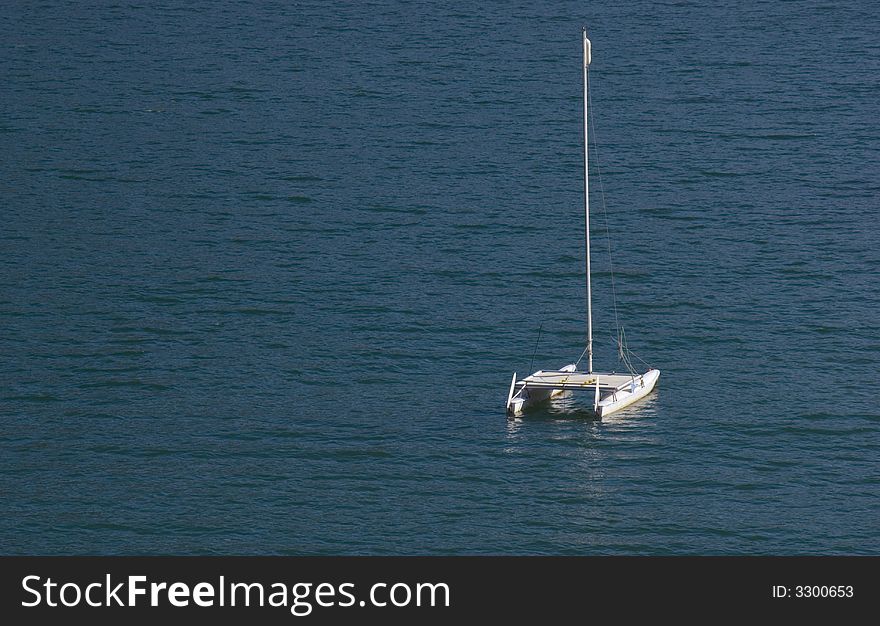 A lonely catamaran on a lake