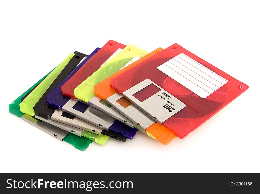 Close up of floppy discs isolated on a white background