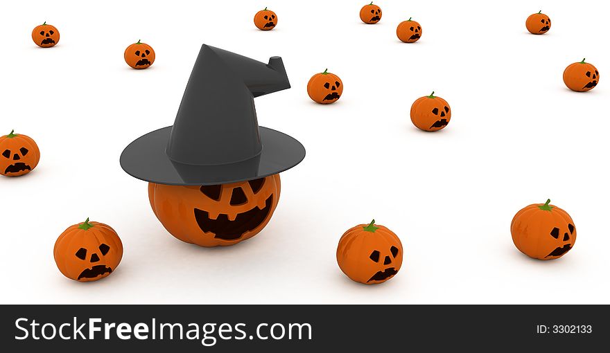 Isolated orange pumpkins. One with hat. Isolated orange pumpkins. One with hat.