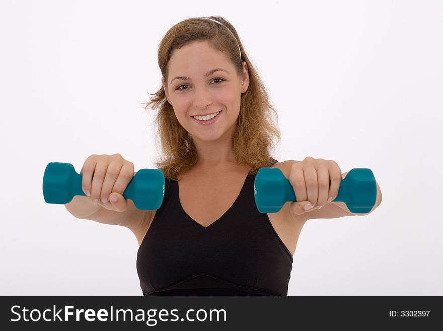 Girl lifting a weight, isolated