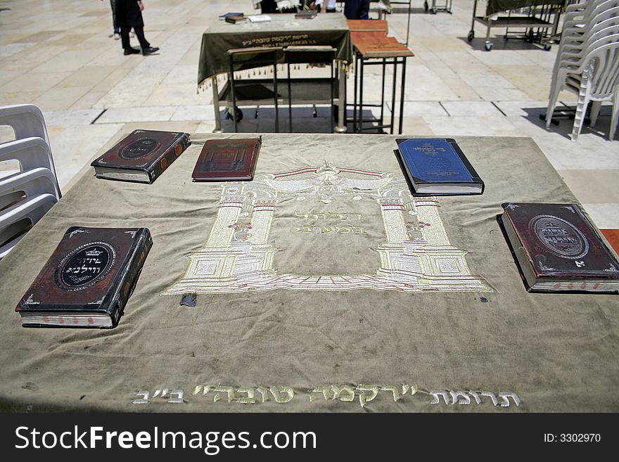 Jewish bible on table, wailing western wall, jerusalem, israel. Jewish bible on table, wailing western wall, jerusalem, israel