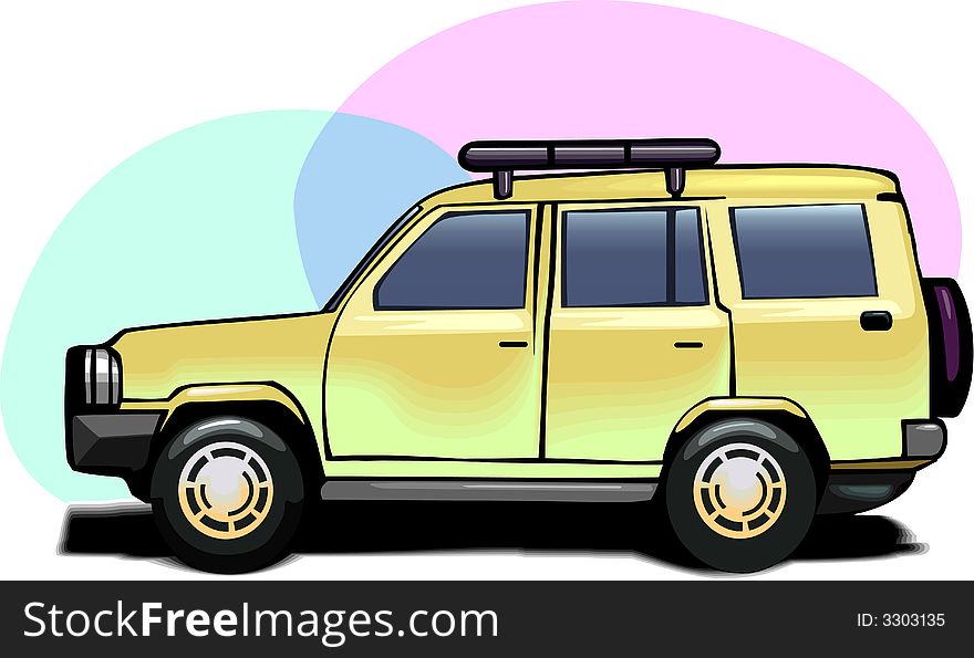 Yellow coloured van on colourful back ground
