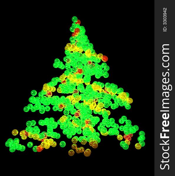 A unique abstract Christmas tree created using various spherical partials, isolated on a black background.