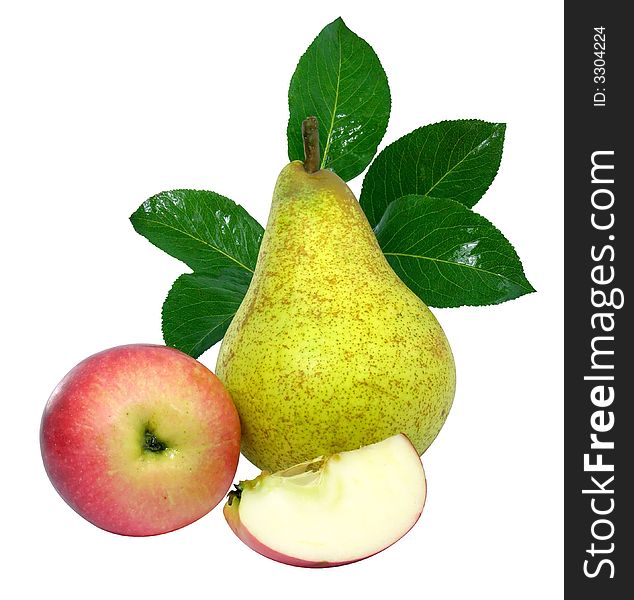 Fruits with leafs isolated apple with cut and a pear