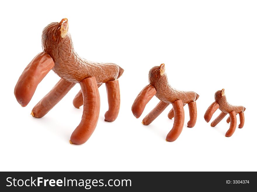 Three animal-like figures made of sausages. Three animal-like figures made of sausages
