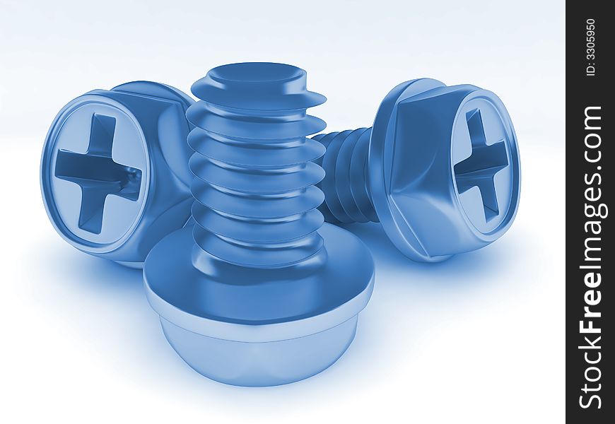 Blue metallic bolts with a matte surface on a white background