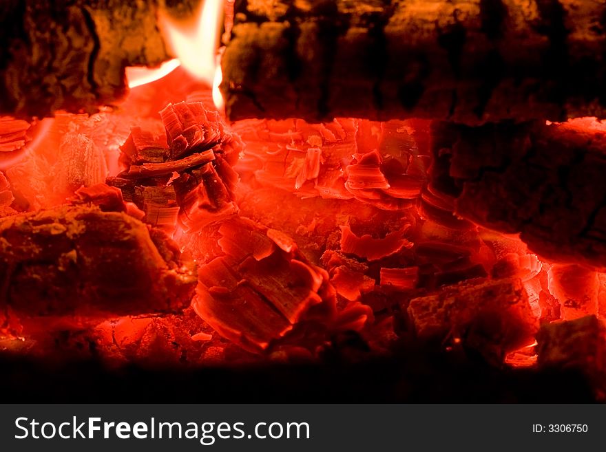 Night bonfire. Burning wood. Close-up