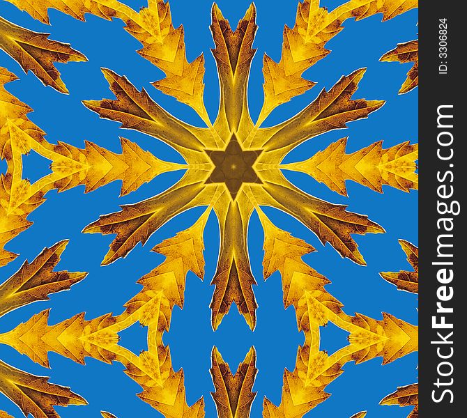 Unique geometric leaf star design with contrasting blue and gold colors. Unique geometric leaf star design with contrasting blue and gold colors