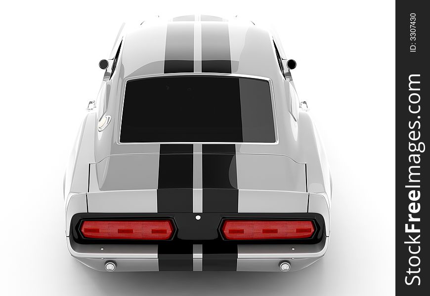 Realistic render three-dimensional model of the silvery Shelby Mustang GT500 of 1967